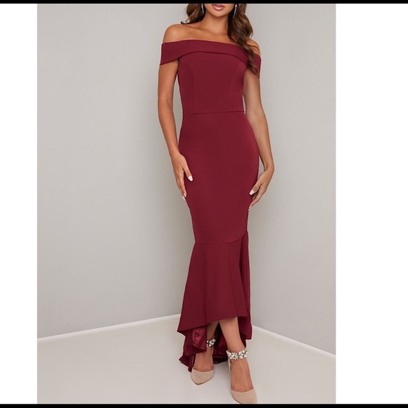 Chi Chi London Dresses & Skirts - Chi Chi London Burgundy High Low Off Shoulder Gown NWOT